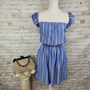American Eagle Size S Blue/White Striped Chambray Sleeveless Ruffle Mini Dress
